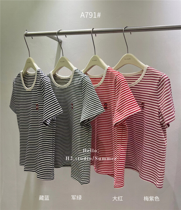 [h2-studio] Korean casual stripe embroidered short sleeve T-shirt a791\hbx