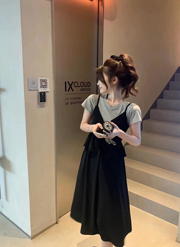 [hee] simple round neck short sleeve T-shirt + loose aging Sling Dress Set h5529\wpl