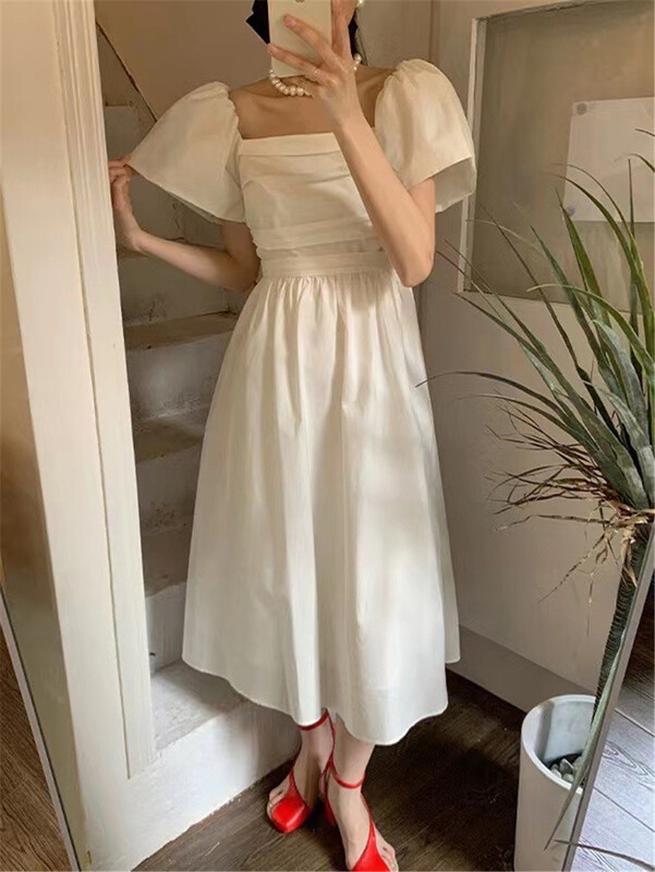 [Linna] pure desire off shoulder bubble sleeve clear color dress 124635\zxx