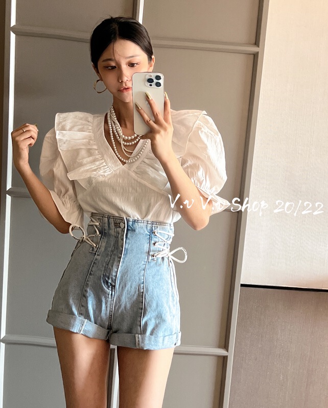 [v.v] Korean Ruffle side bubble sleeve shirt 7293\zxx