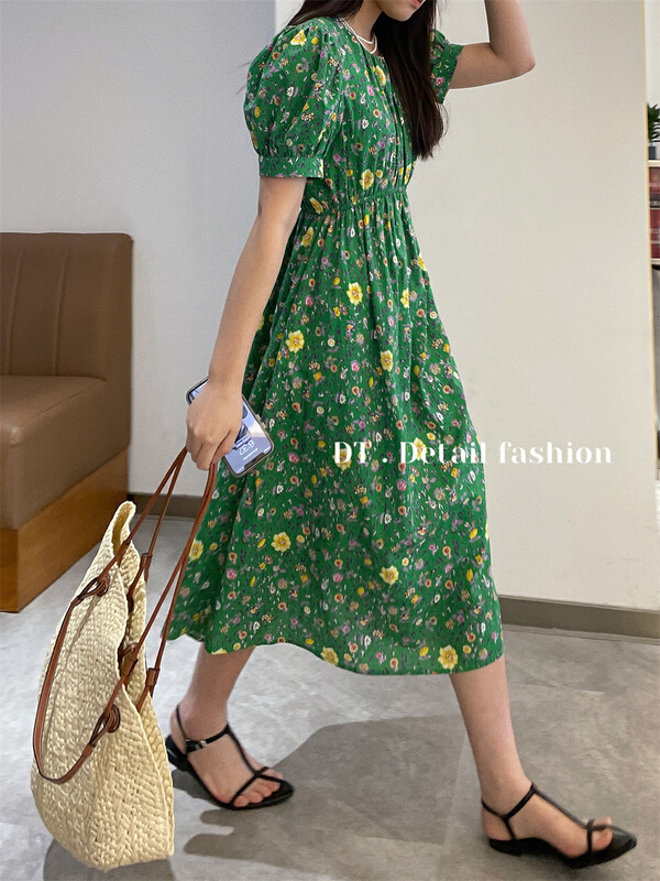 [DT] small fresh round neck bubble sleeve floral waist dress c8071\wpl
