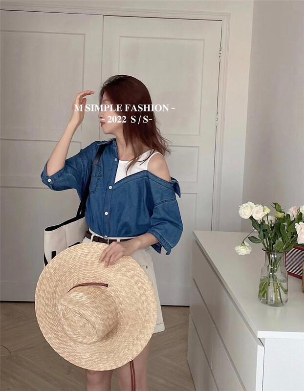 [Lina] multi panel off shoulder diagonal button denim shirt 9031\zxx