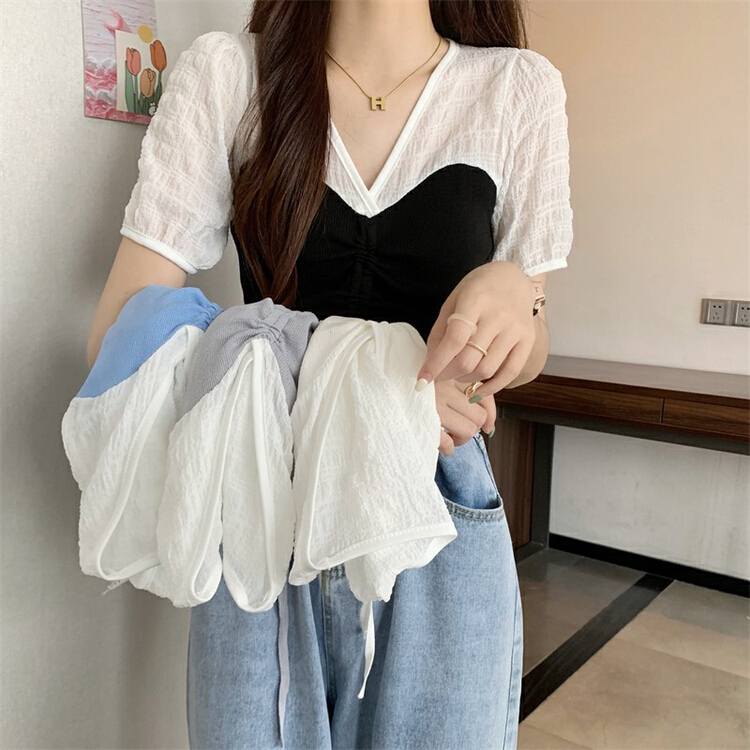 [f · P] Korean version V-neck drawstring bubble sleeve spliced T-shirt 71006\hbx