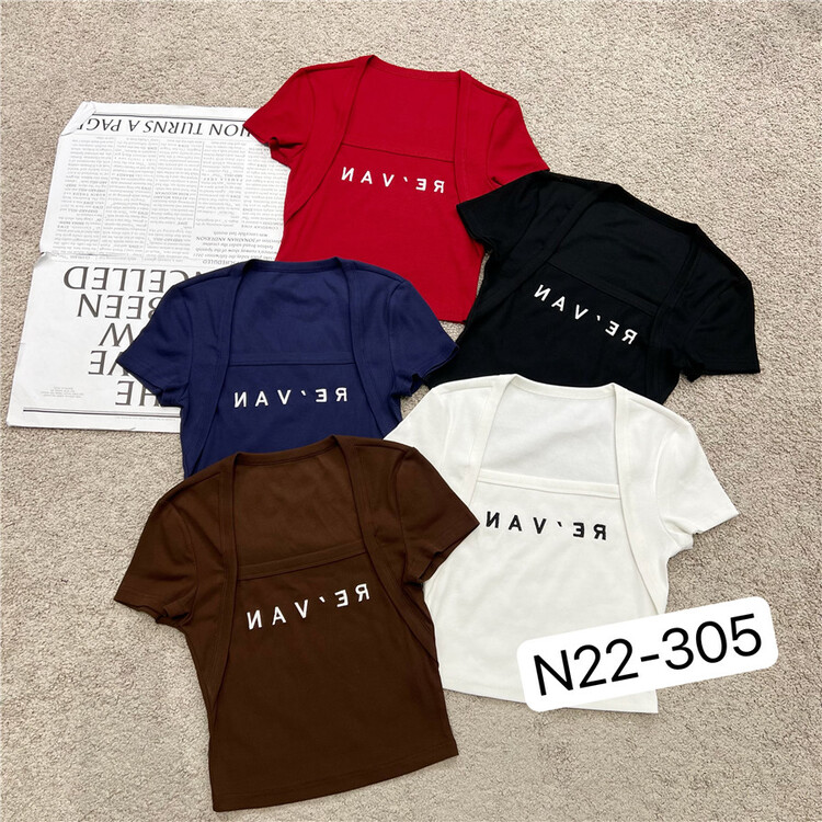 [N9] square neck lettered embroidery short sleeve T-shirt 305\lsl