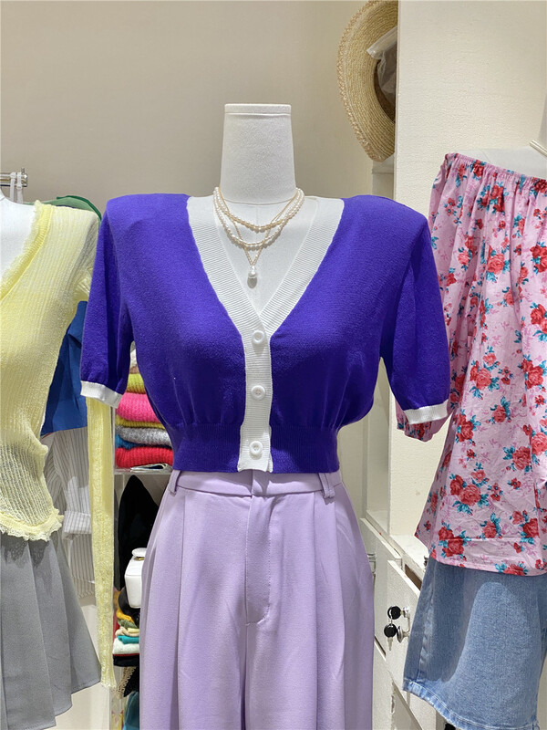 In early summer! [double seven] contrast edge V-neck short T-shirt 8603-4\zxx