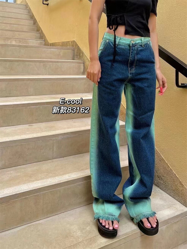 [pants and jeans] trend color blocking straight tube loose jeans 83162\hjy