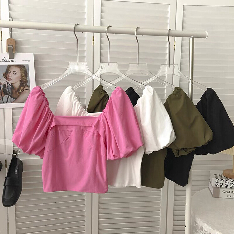 [Gangan] Korean solid color square neck bubble sleeve short shirt 2276\cl