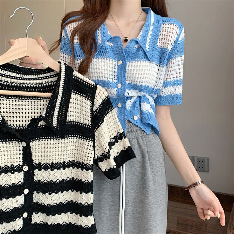 [f · P] unique striped hollow out knitted cardigan c553\hbx