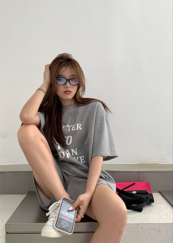 [Yishang & Yiyou] round neck lettered printed fashion short sleeve T-shirt + slim casual Shorts Set 6362\lsw