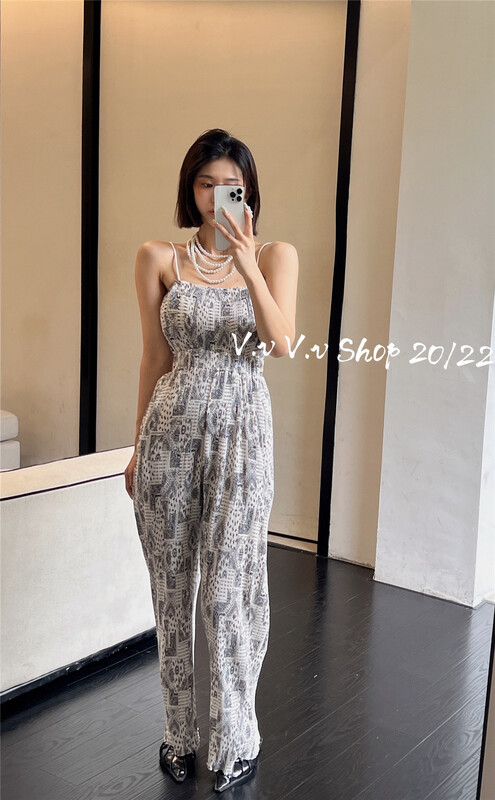 [v.v] Vintage printed suspender Vest + elastic waist pleated casual pants set 7397\zxx