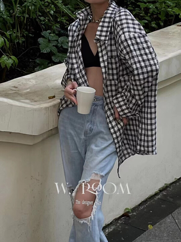 [w.room] shoulder pad Plaid casual shirt 1842\zxl