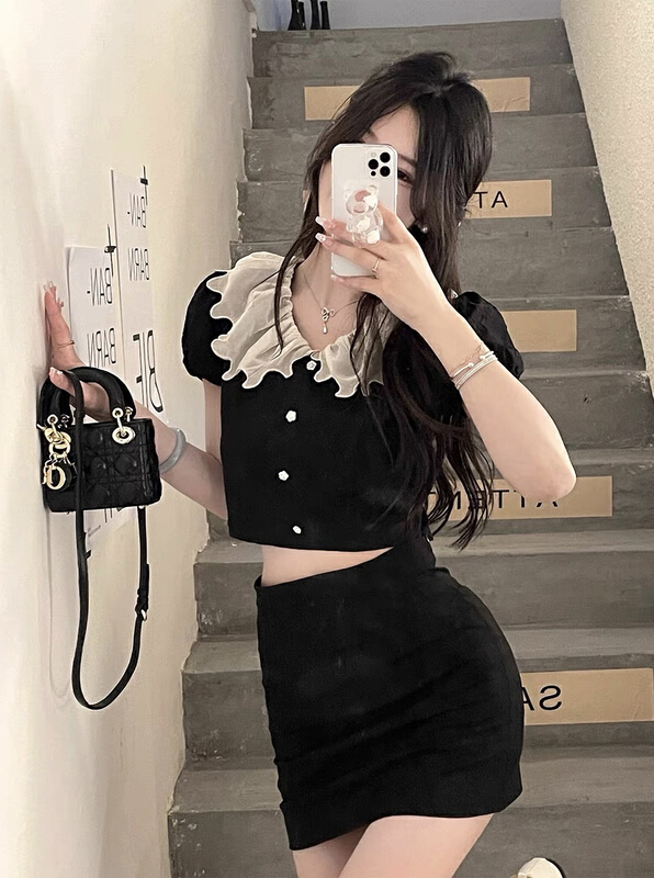 [Amanda] sweet and spicy lace collar small women's shirt + Hip Wrap Skirt Suit 9659\pcz