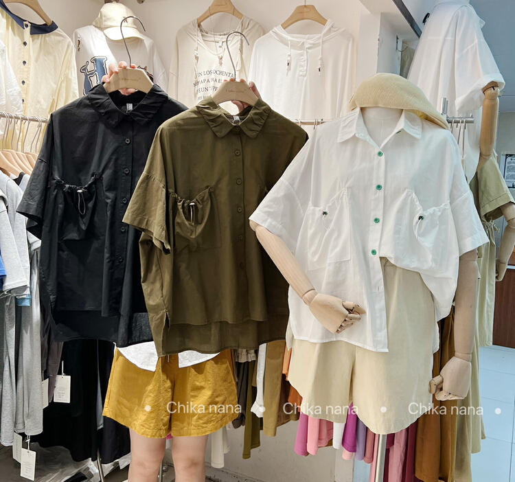 [chika.nana] foreign style personality versatile drawstring pocket Polo contrast shirt 6837\jj