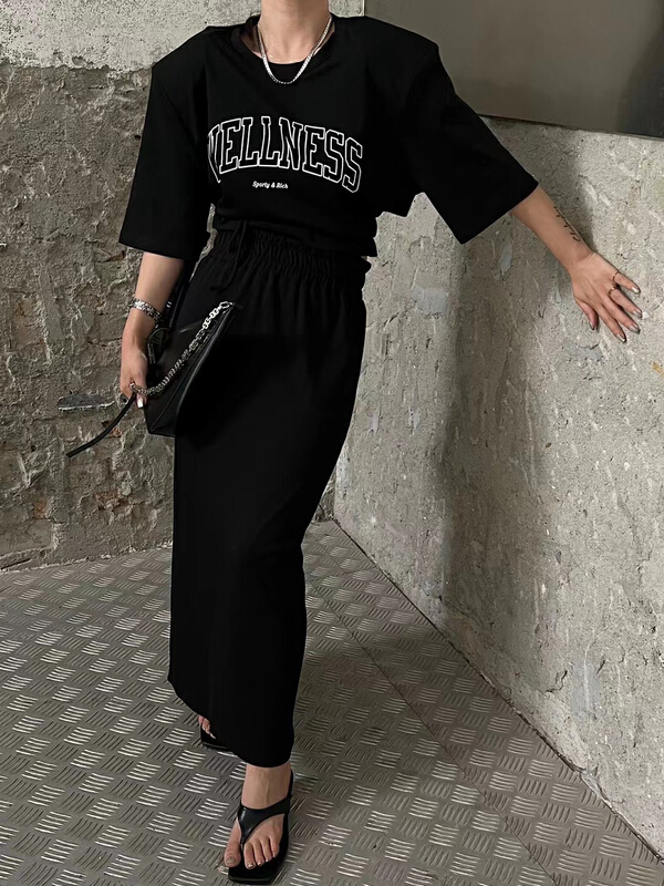 [f (x)] letter printed short sleeve T-shirt + temperament slim skirt set tz8208\ozq