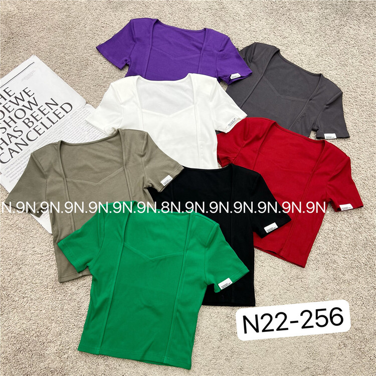 [N9] Korean solid color slim fit square neck short shirt 256\lsl