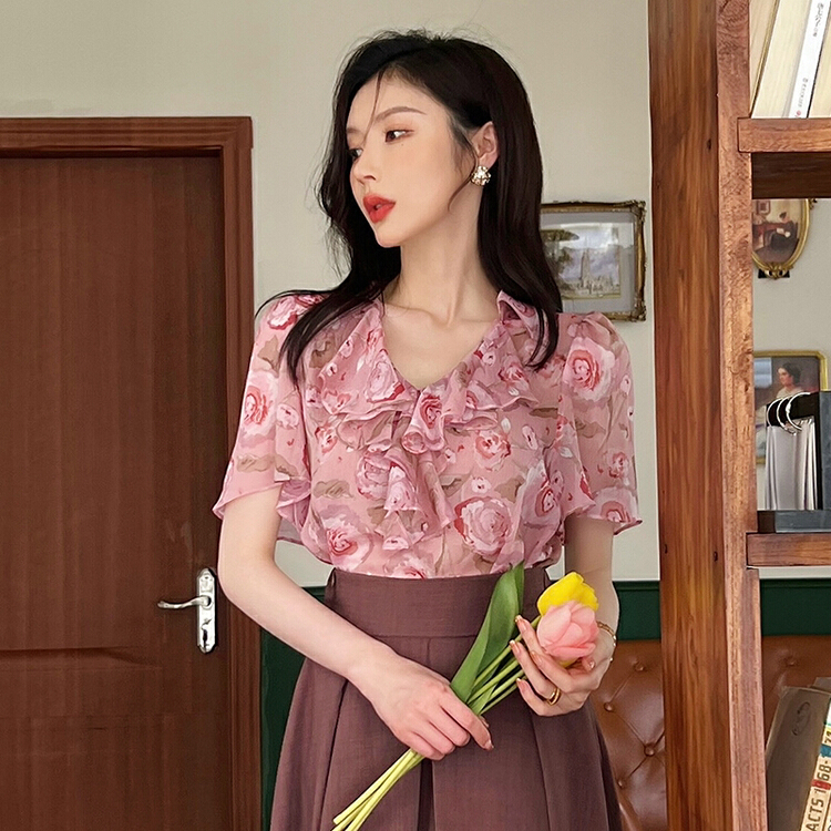[Hanna inclusive] thin shirt with lotus leaf lace design m10065\xj