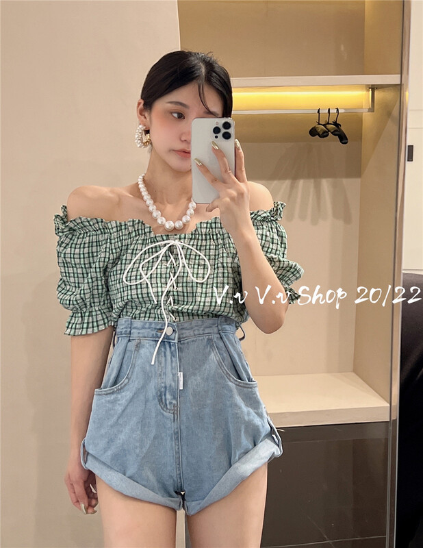 [v.v] off shoulder Plaid lace up shirt 7301\zxx