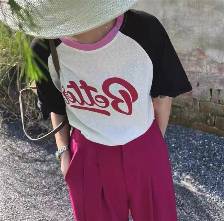[Naikan Nik] letter print color contrast sleeve short sleeve T-shirt 9762\gyj
