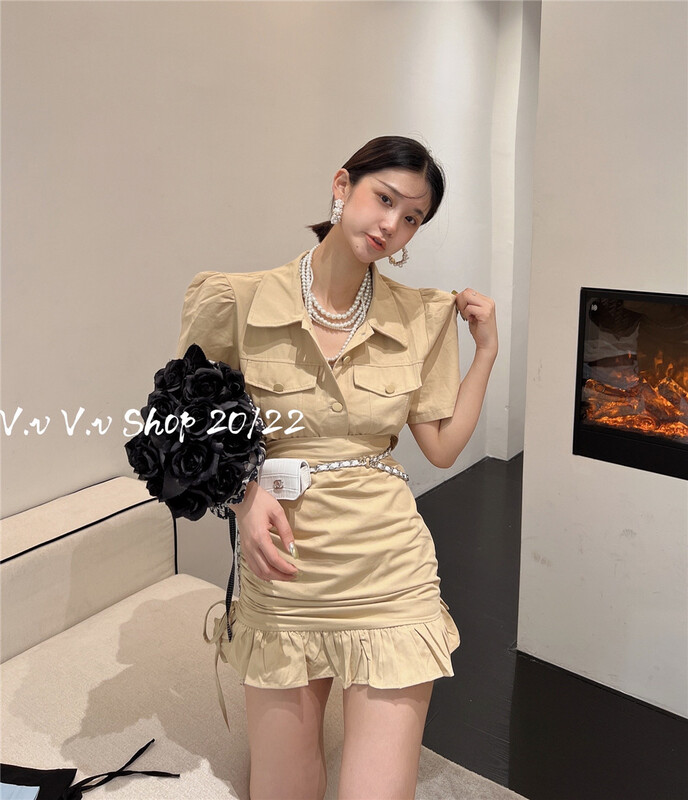 Four colors! [v.v] Korean versatile bubble sleeve short coat + drawstring skirt suit 7256-1\zxx
