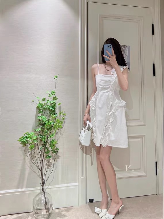 [dawg king] lotus leaf pressed Ruffle one shoulder Sling Dress d9311\wtt
