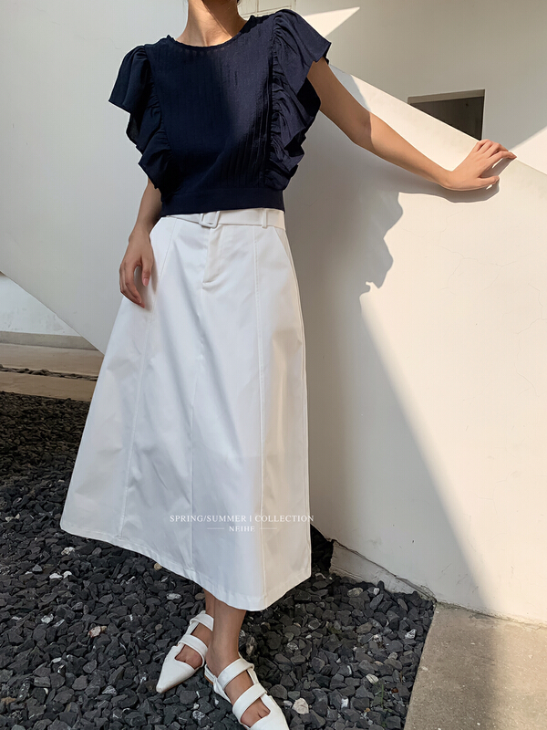 [neihe] simple solid color medium length skirt (with belt) 11595\jhy