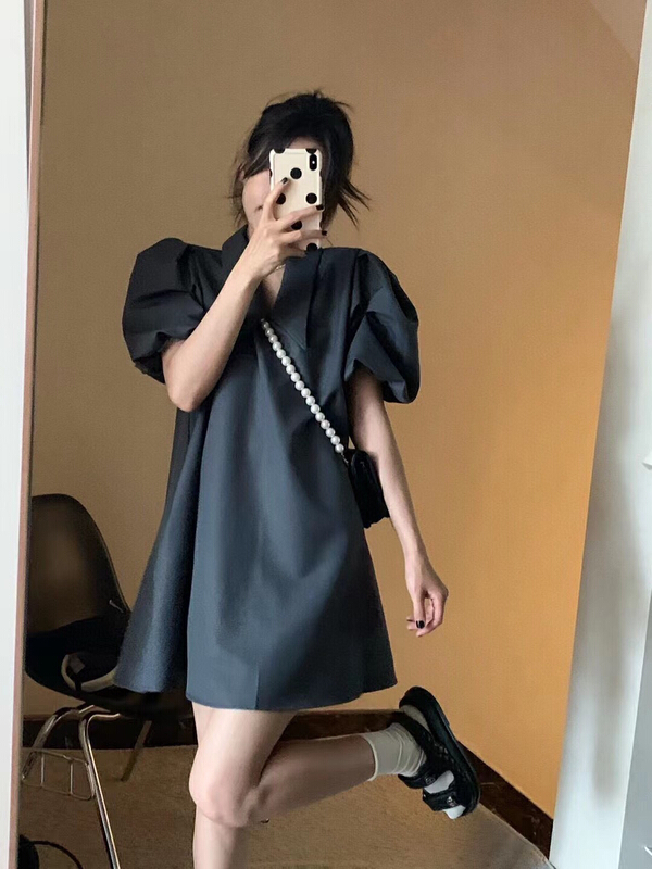 [x · h studio] premium quality bubble sleeve V pilotage retro loose slim A-line dress 0366\ozq
