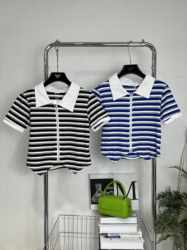 [fan fan] fashion Polo pilot stripe zipper short sleeve shirt 267\jj