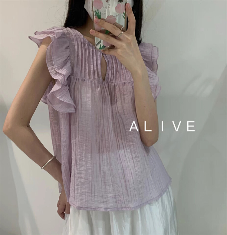 [alive] small fresh and simple Ruffle sleeve pleated shirt 133312\hyy