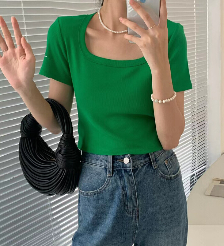 [Yuanxi] versatile letter U-neck short sleeve T-shirt ys2-3075\lsl