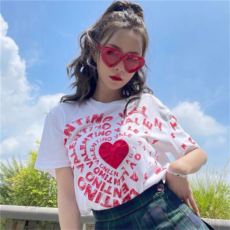 [Tan] Korean love printed round neck short sleeve T-shirt t3443\zxl