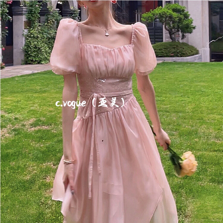 [c.vogue] French gentle design Sequin splicing waist band dress (with waist rope) 5803\pcz