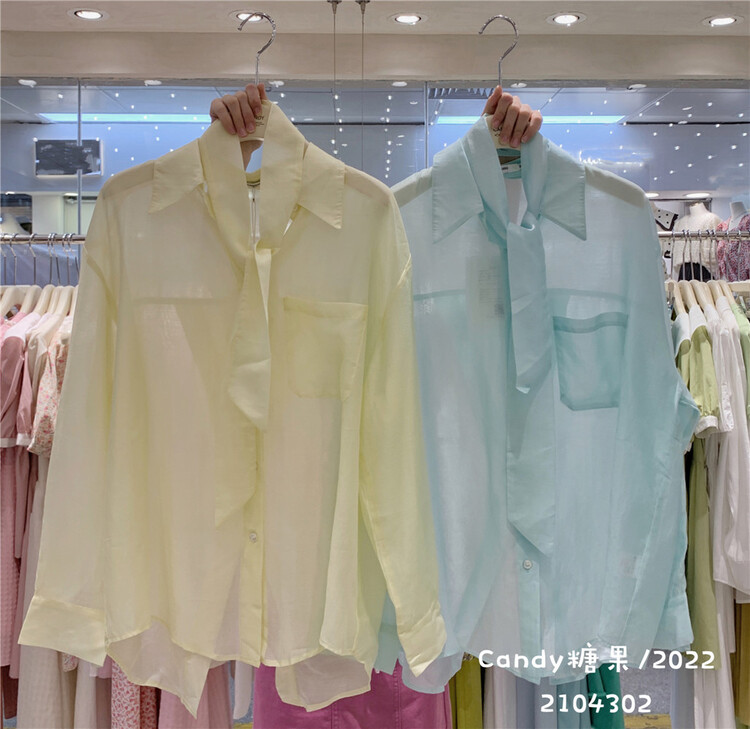 [candy] loose and simple solid color shirt (with tie) 4302\zjy