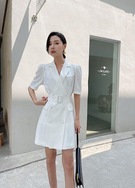 [style] temperament double breasted suit textured dress (with belt) 7235\jj