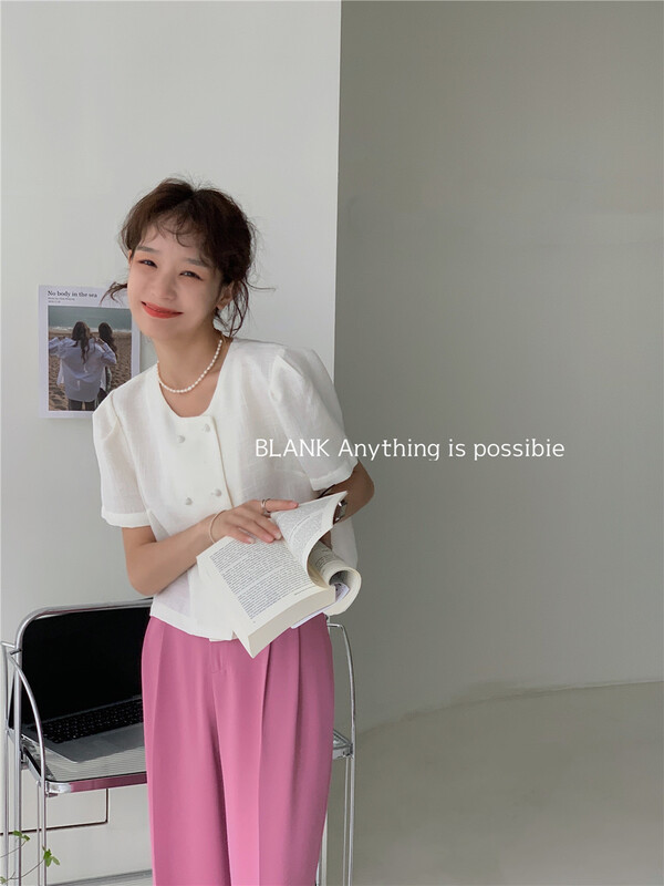 【 blank 】 fresh and simple round neck double row button short sleeve shirt 522601\wpl