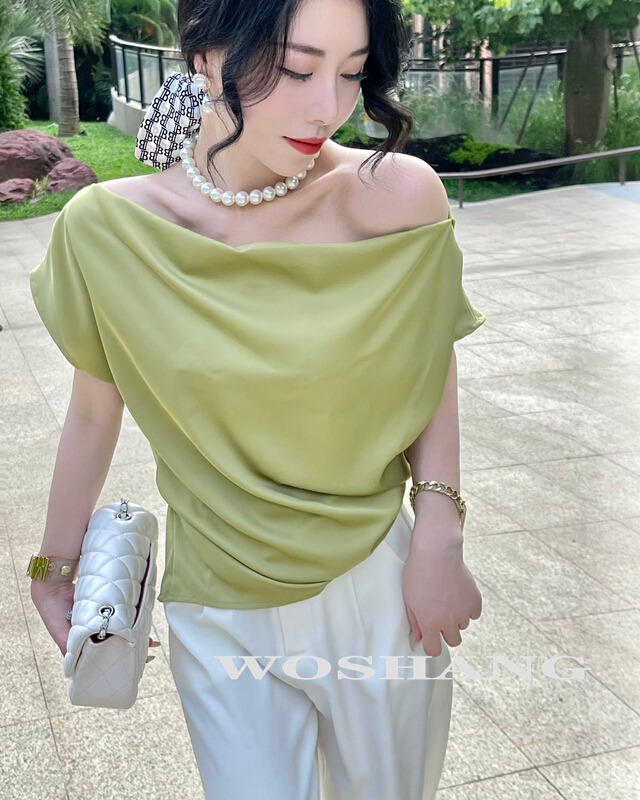 [woshang] design sense of niche one line collar slanting off the shoulder foreign style thin high-level shirt 1309\xyj