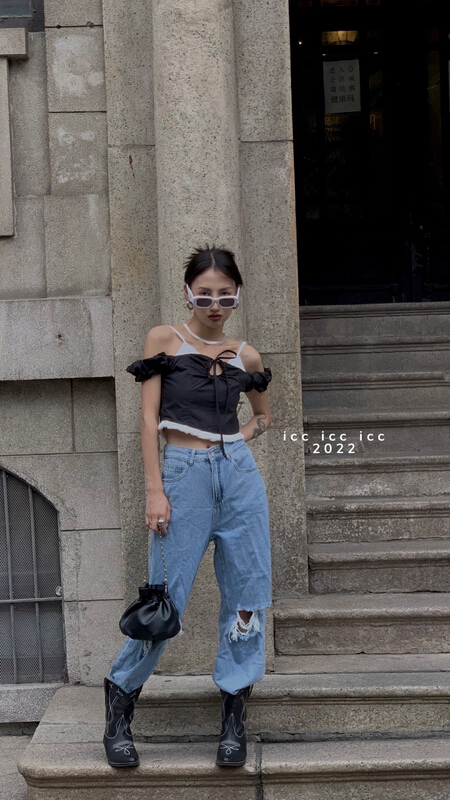 [ICC] Korean off shoulder sling short long sleeve T-shirt 8332\pcz