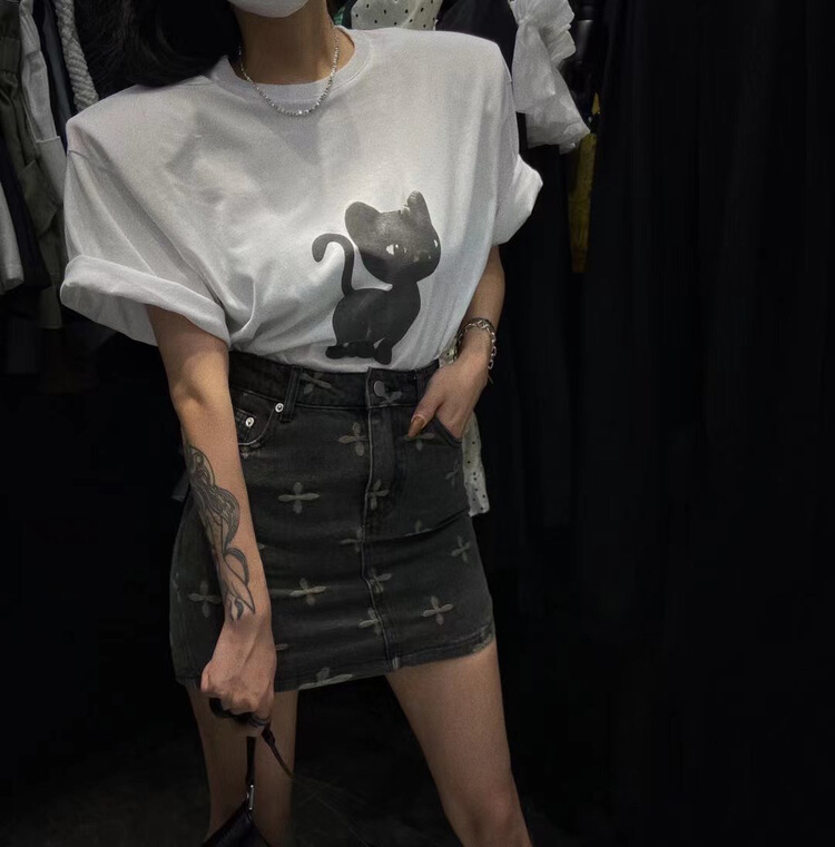 [wht] cat loose shoulder pad round neck versatile short sleeve T-shirt 6022\wtt