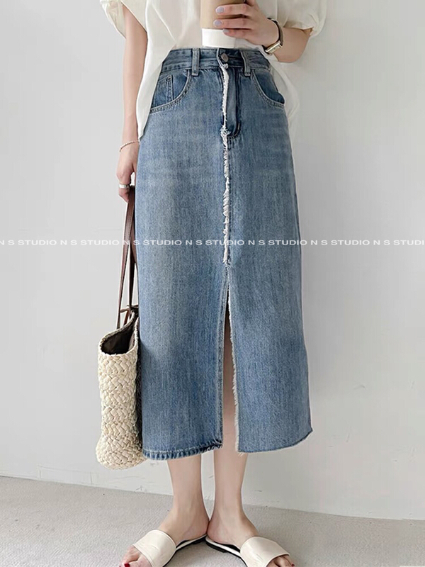 [N.S] Korean style versatile wool whisker front slit thin denim skirt 6677\wpl
