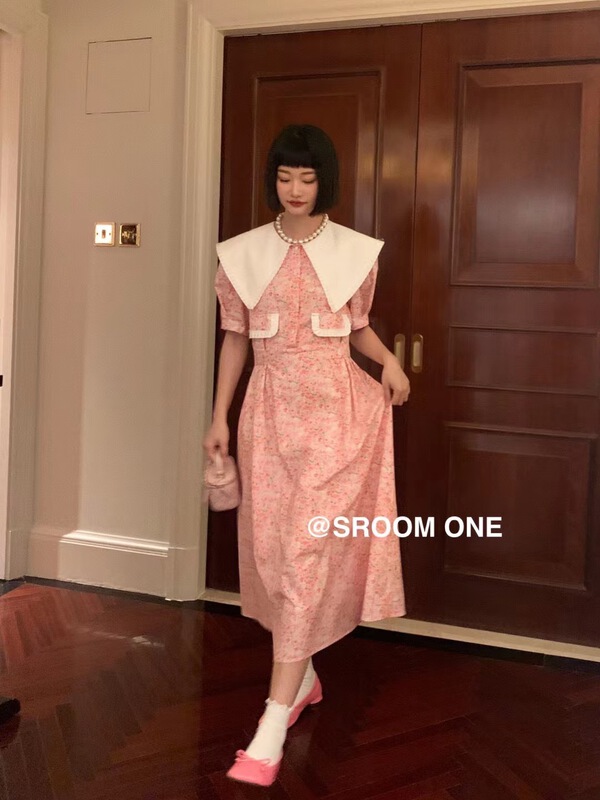 [s.room] large lapel floral waist dress j211\lsl