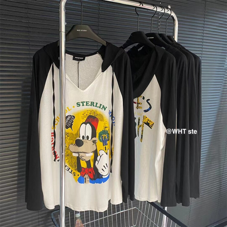 [wht] cartoon printed Hoodie color contrast sunscreen shirt 6058\wtt