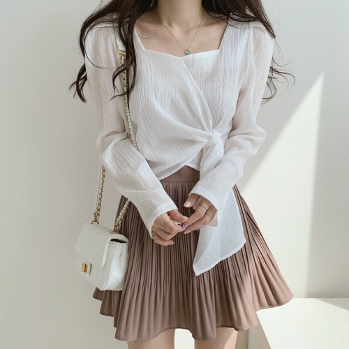 Korean chic autumn retro slim square neck irregular lace irregular design loose Long Sleeve Shirt