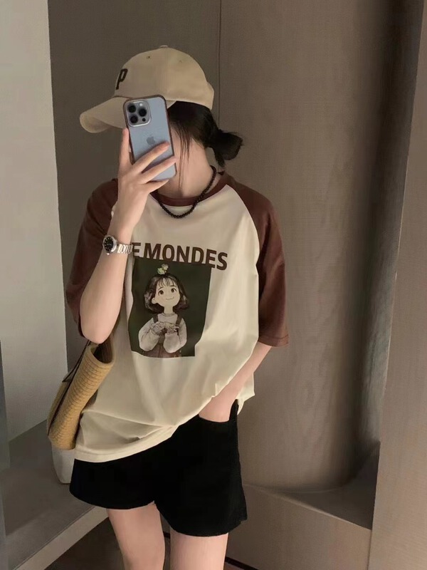 [Naikan Nik] color blocked sleeve cartoon girl short sleeve T-shirt 9767\gyj