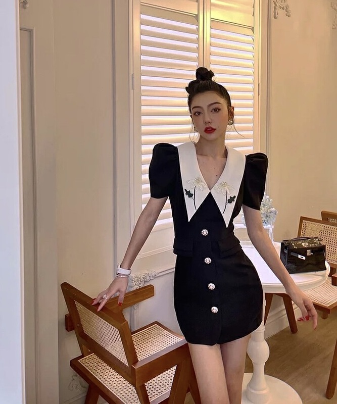 [AC] celebrity color contrast pointed collar heavy industry embroidery dress 06859\jj