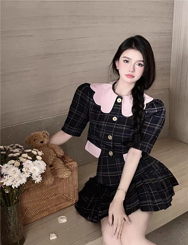 [Doudou family] classic Plaid Lapel Top + slim skirt two piece suit 88430\jj