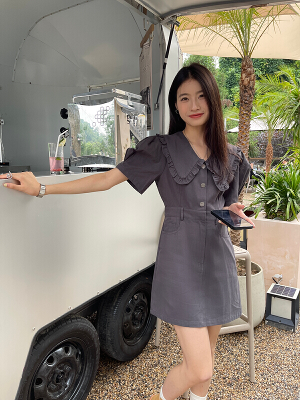 [033three] Korean version black fungus edge Ruffle edge bubble sleeve denim dress 8190\lsl