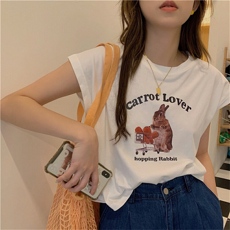 [h2-studio] cute rabbit letter printed round neck short sleeve T-shirt a1011\hbx