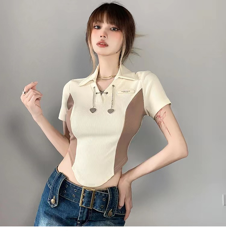 [Fanfan] fashionable and versatile color blocked polo collar shirt (with chain) 289\jj