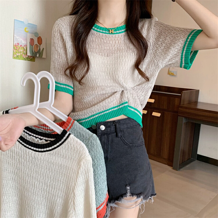 [f · P] Korean round neck color contrast hollow out versatile T-shirt 96323\hbx
