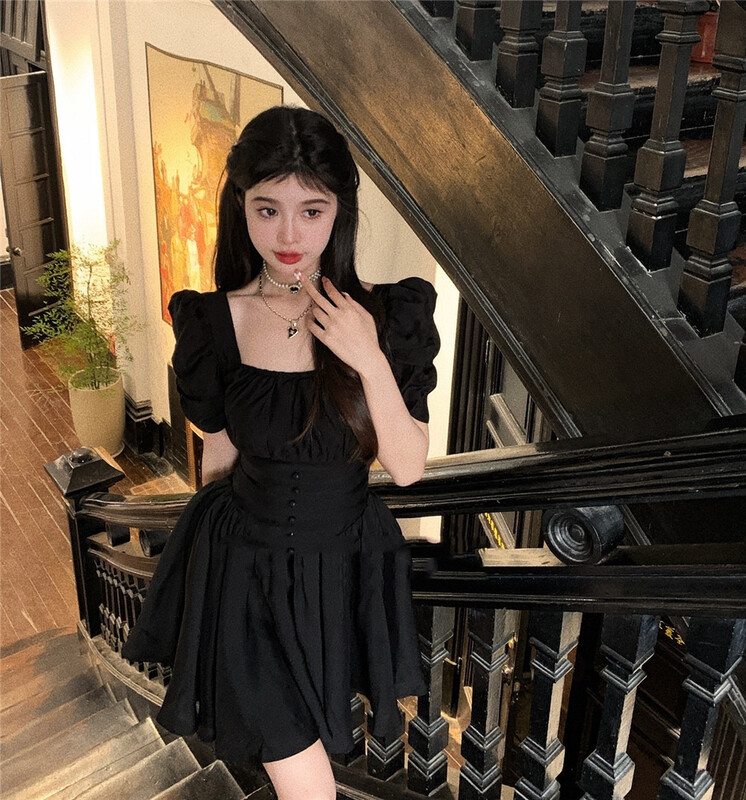 [see you] bubble sleeve pleated lady dress 31026-1\pcz