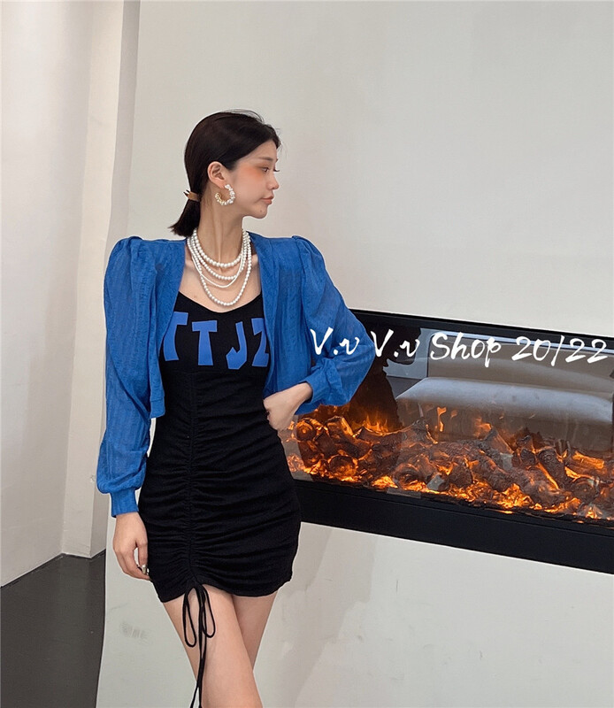 [v.v] sunscreen short shirt + net red spice girl style drawstring sling letter dress set 7329\zxx
